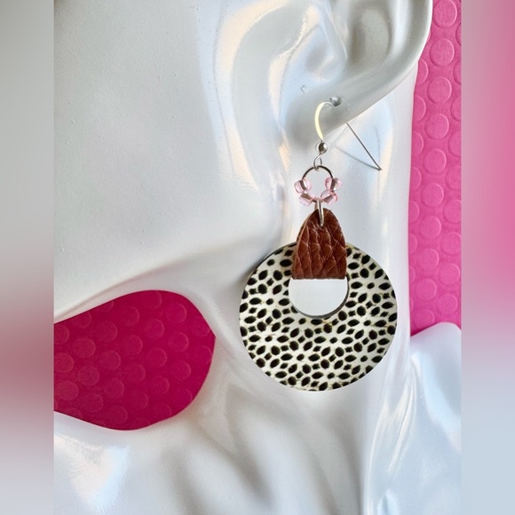 New Black & White Dots Wooden Circle w/ Leather & Beads Earrings - 2.75” - Picture 2 of 5